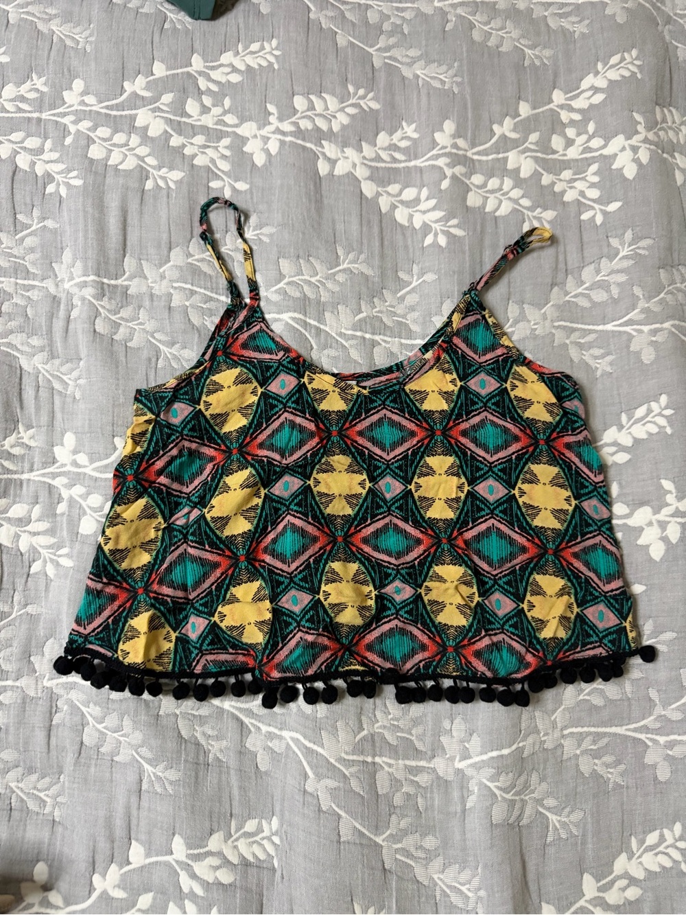 Xhilaration Multicolor Geometric Cropped Cami with Pom-Pom Hem